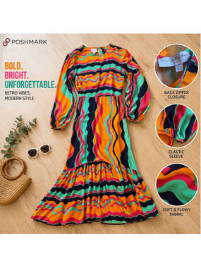 ASOS Never Fully Dressed Colorful Wave Midi Dress Size 8